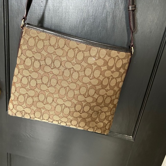 Coach Signature Jacquard Crossbody Bag Brown Tan Leather Trim Classic Y2K - Picture 5 of 10